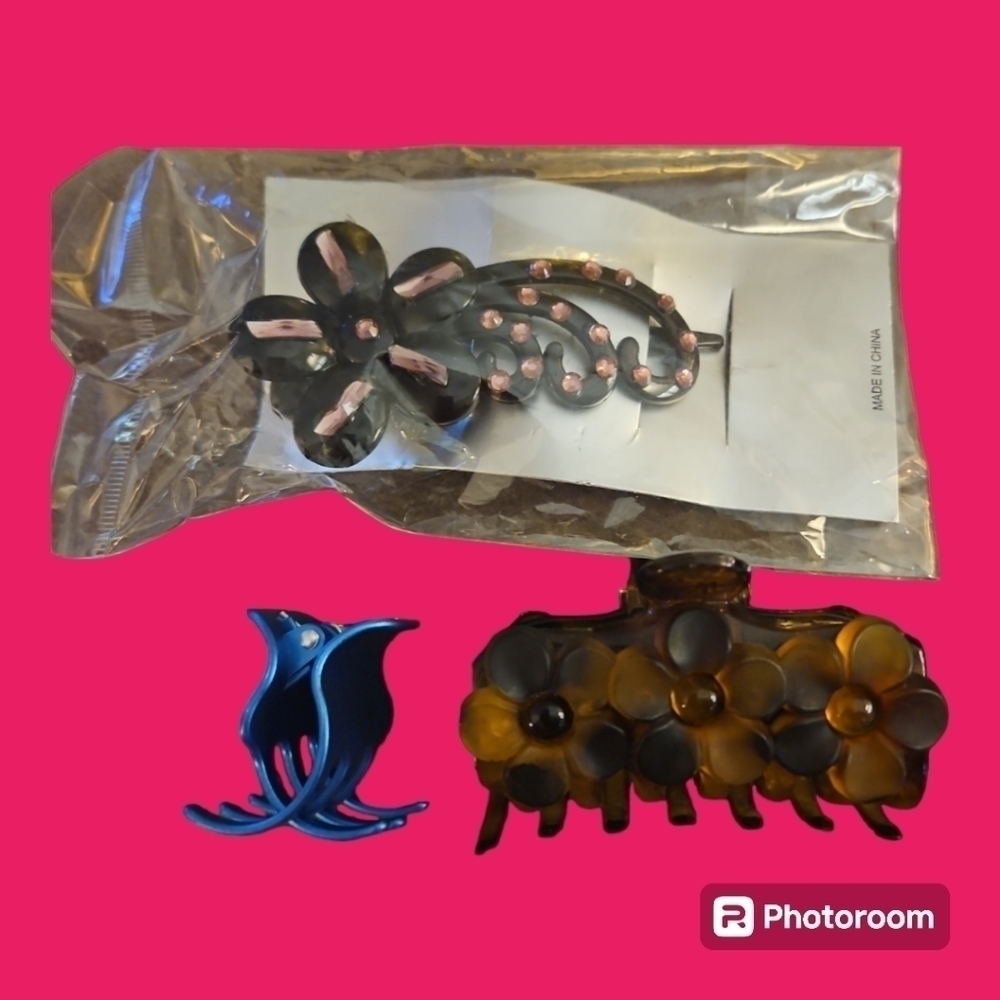 Floral and Blue Metallic Hair Claw Clips